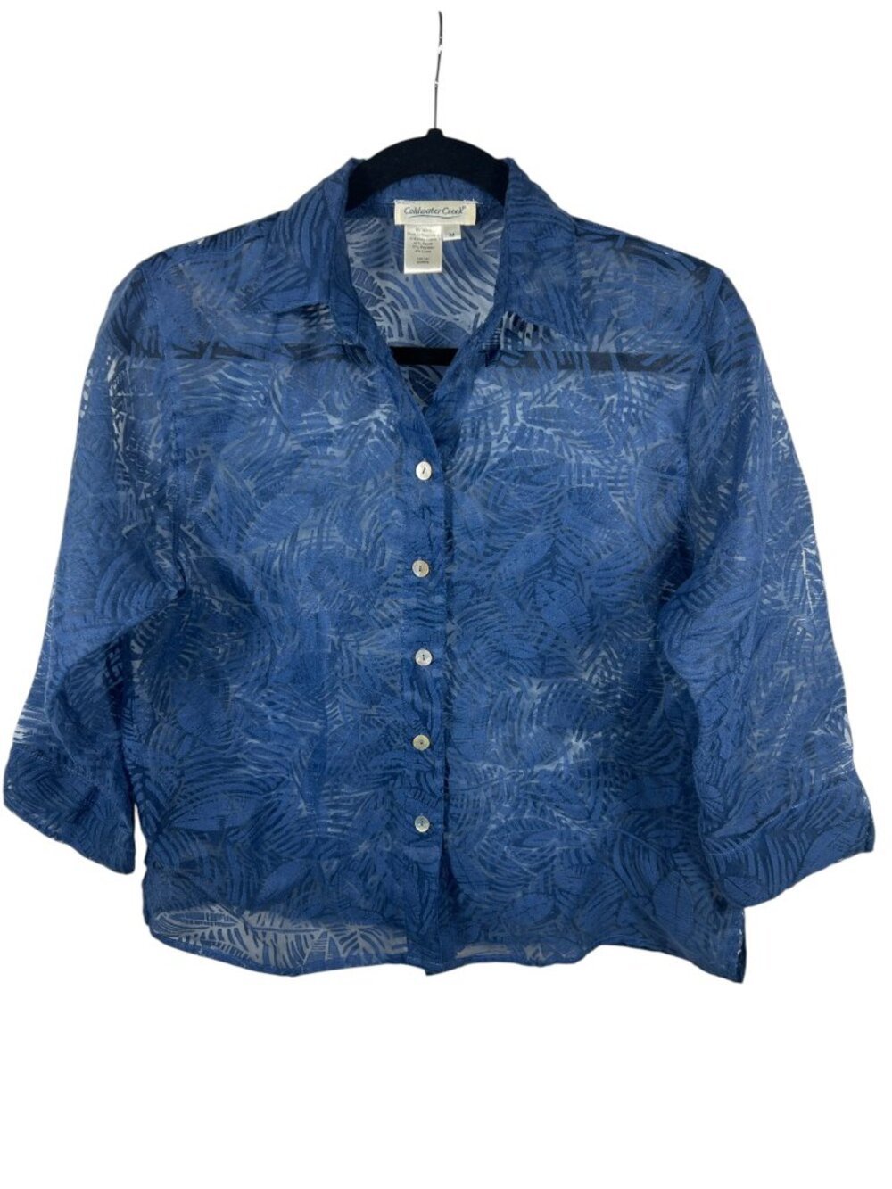 Coldwater Creek Top Womens Button Down 3/4 Sleeve Medium Sheer Tropical Beach